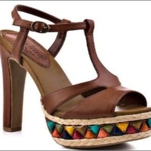 Unlisted by Kenneth Cole brown boho‎ platform heels with colorful gems size 10